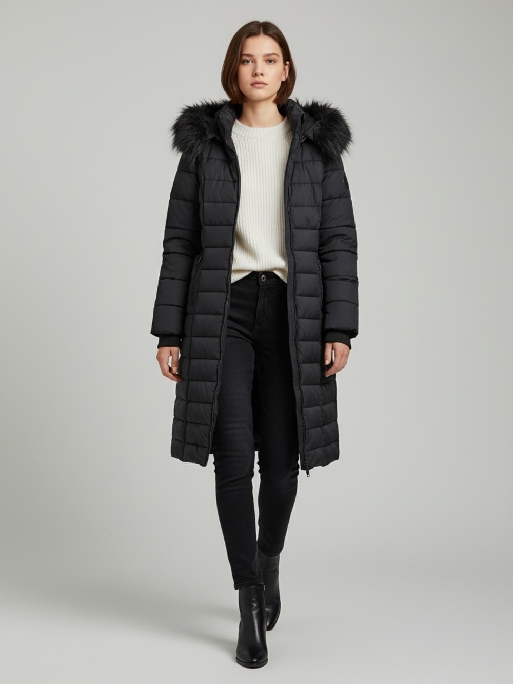 Bebe Black Long Quilted Winter Puffer Coat Faux Fur Trim Hood Size Large